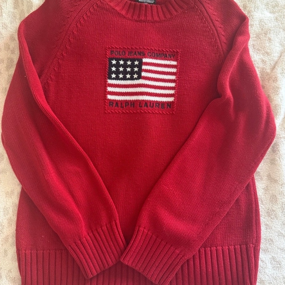 RALPH LAUREN Flag Sweater Red Knit 100% Cottom Embroider Vintage Polo Jeans Top